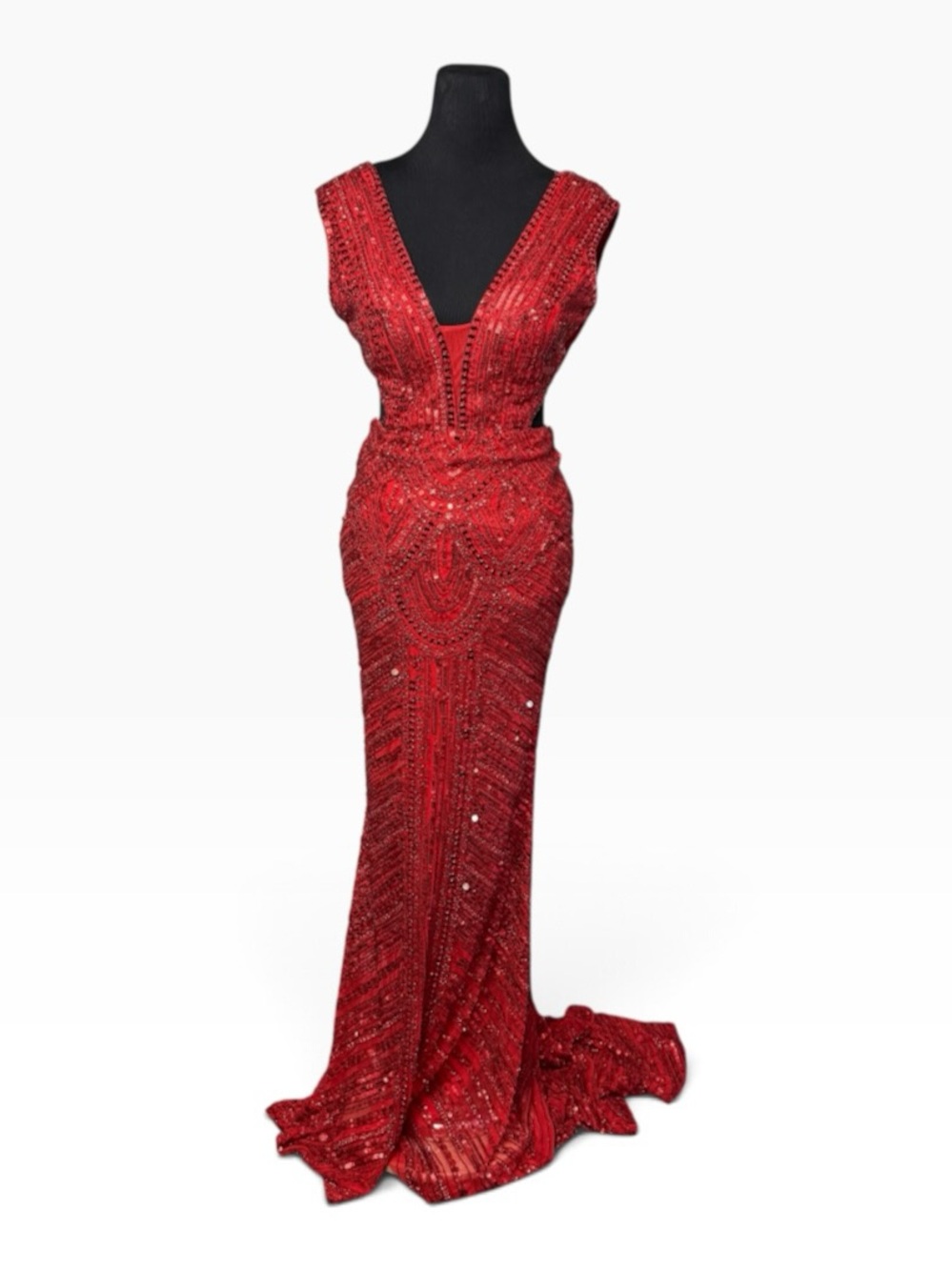 Sherri Hill Red Gown Formal Dress SZ XS 2/4 All Over Sequins Embroidery Maxi Pro